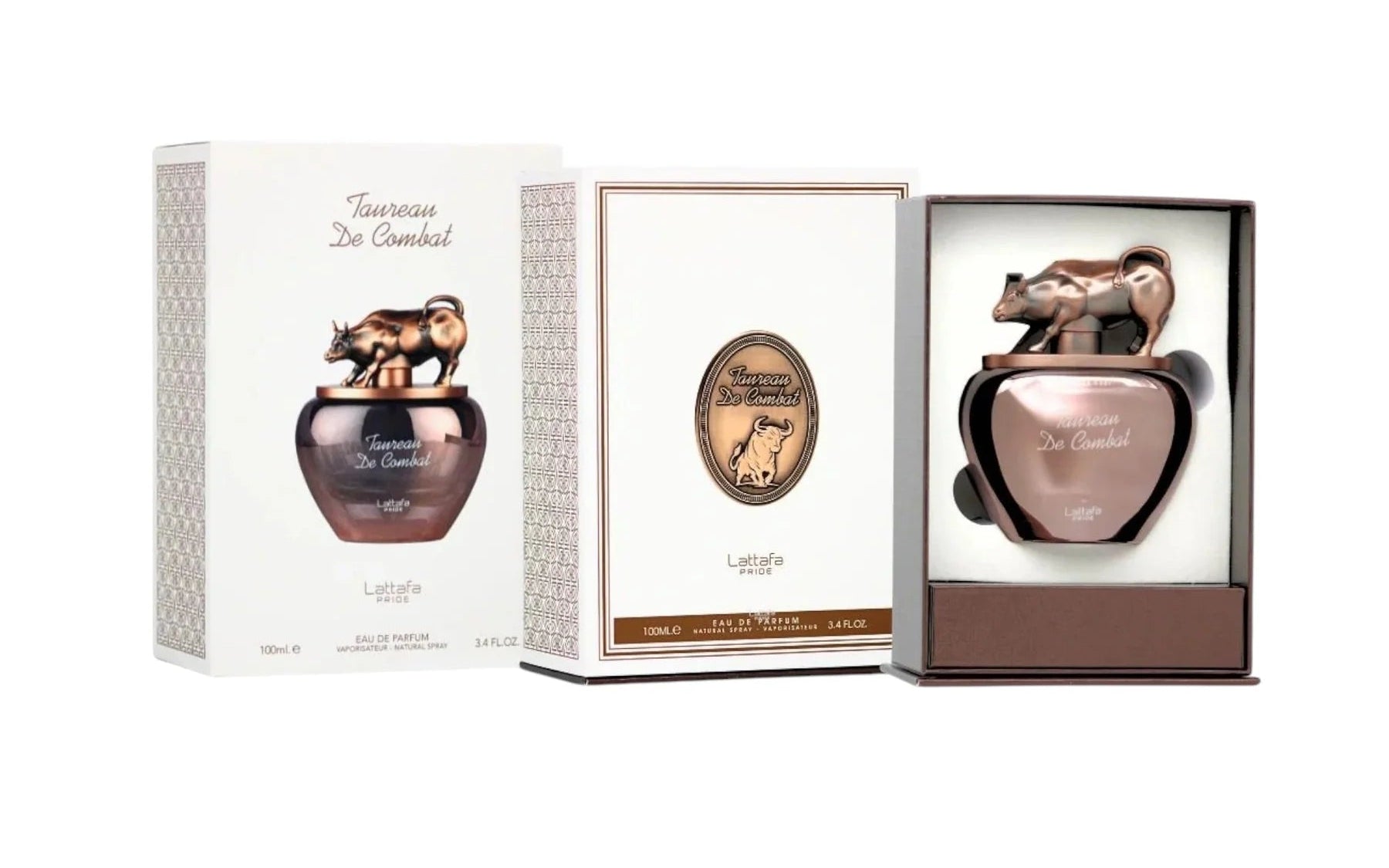 Lattafa Taureau De Combat Perfume bottle with packaging on a white background