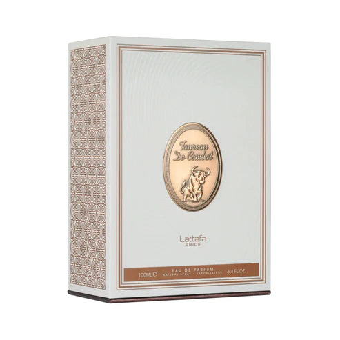 Lattafa Taureau De Combat perfume box with decorative design on a white background