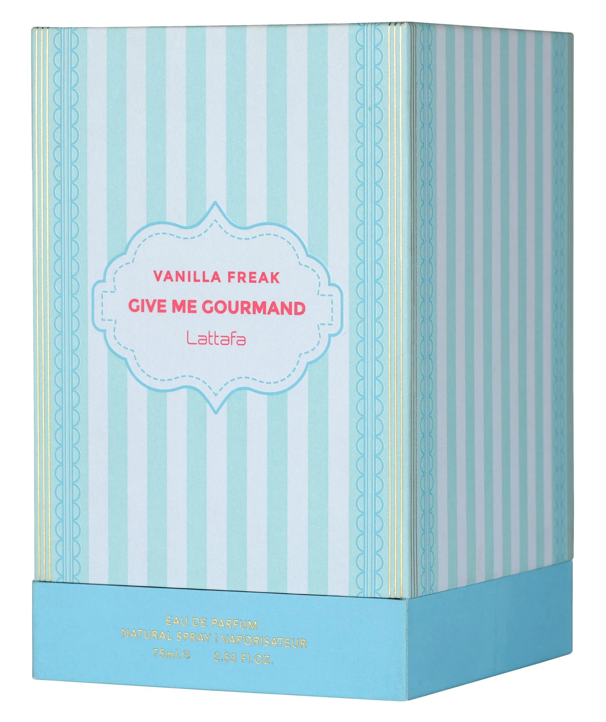 Lattafa Vanilla Freak  Vanilla Freak Give Me Gourmand Lattéfa packaging with blue and white striped design