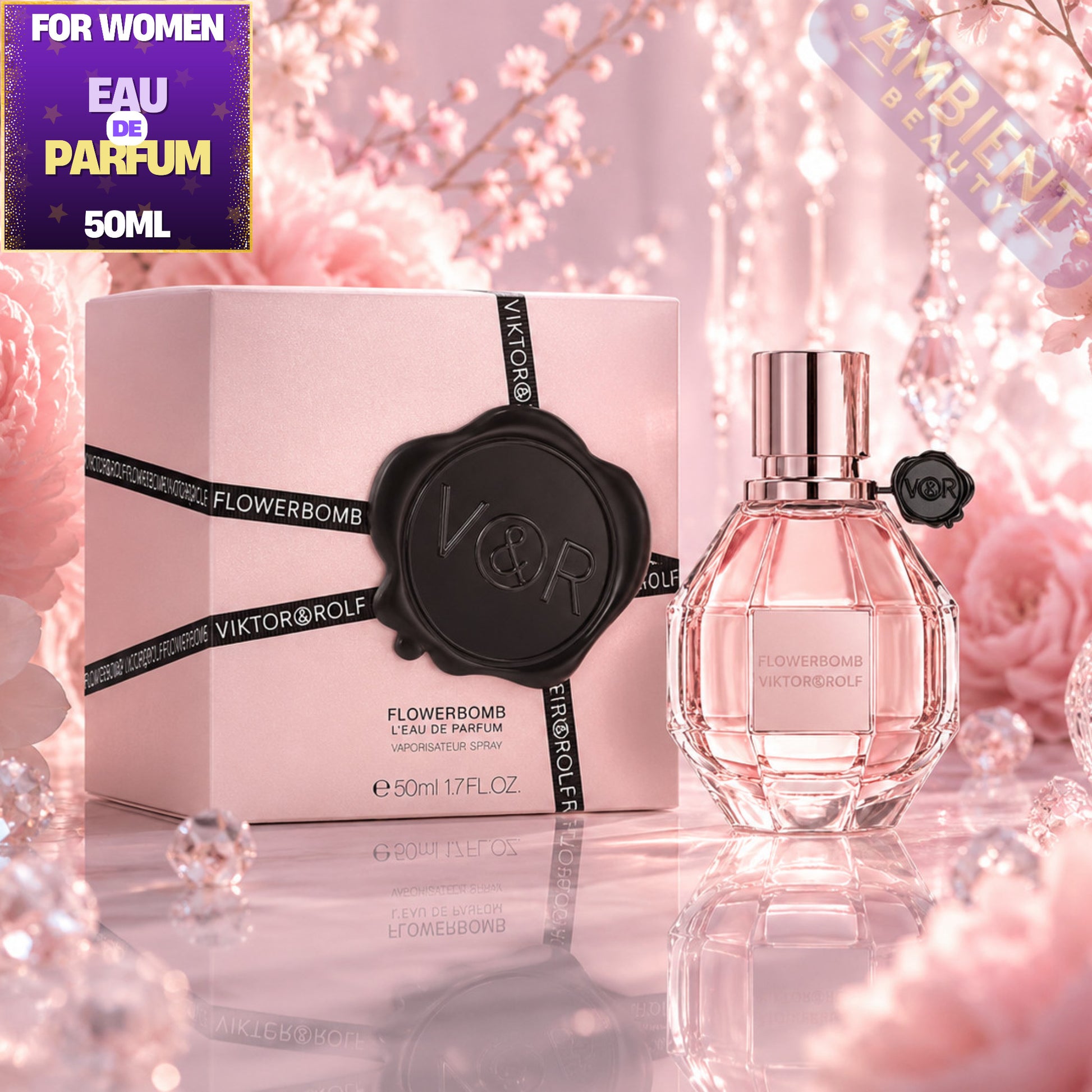 Viktor & Rolf Flowerbomb perfume bottle and packaging with floral background