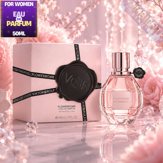 Viktor & Rolf Flowerbomb perfume bottle and packaging with floral background