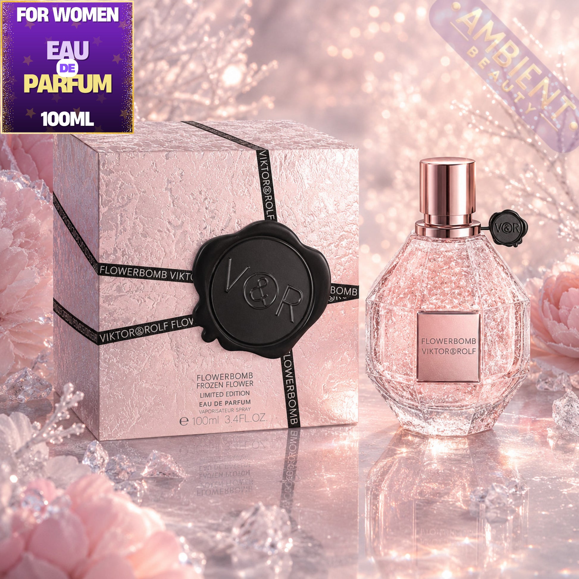 Viktor & Rolf Flowerbomb Frozen Flower perfume bottle and packaging on a sparkling background