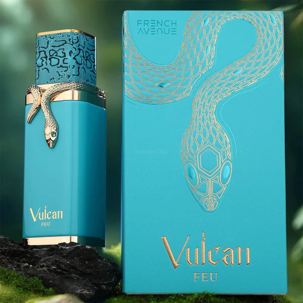 Vulcan Feu perfume bottle and packaging with snake design on a green background