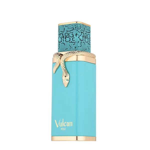 Vulcan Feu Turquoise perfume bottle with gold accents on a white background
