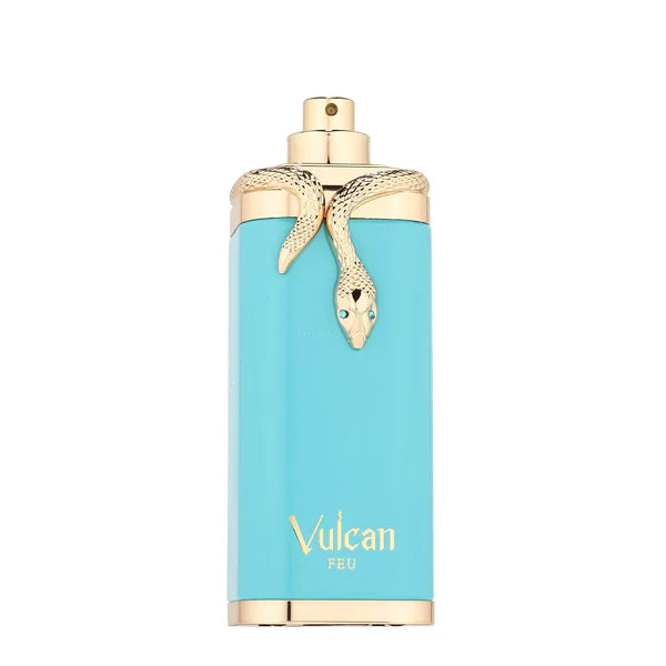 Vulcan Feu  Perfume bottle with gold accents and 'Vulcan' branding on a white background