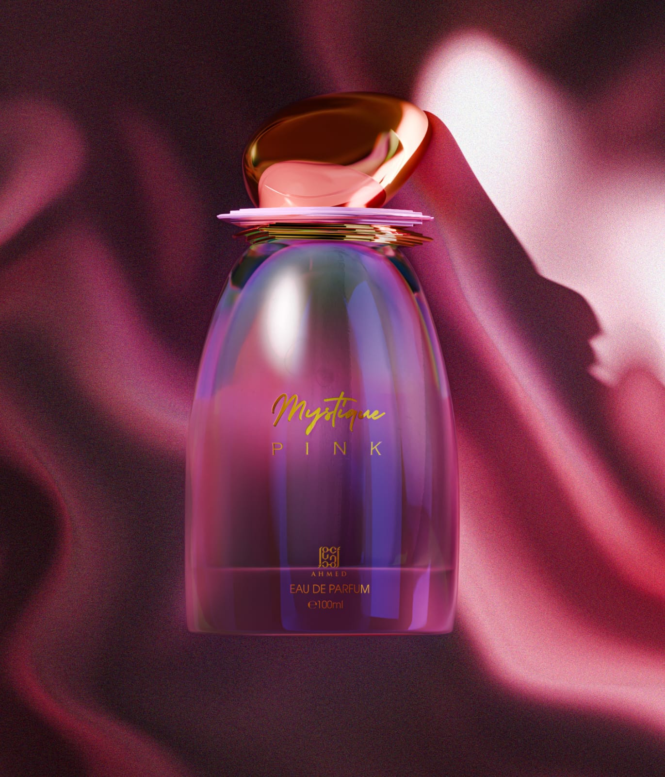 Ahmed Al Maghribi Mystique pink  Perfume bottle labeled 'Mystique Pink' with a gold cap on a pink and purple gradient background.