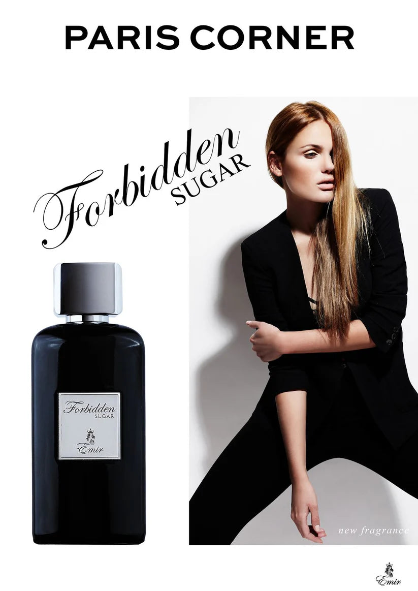 Advertisement for 'Forbidden Sugar' perfume by Paris Corner with a bottle and packaging displayed.