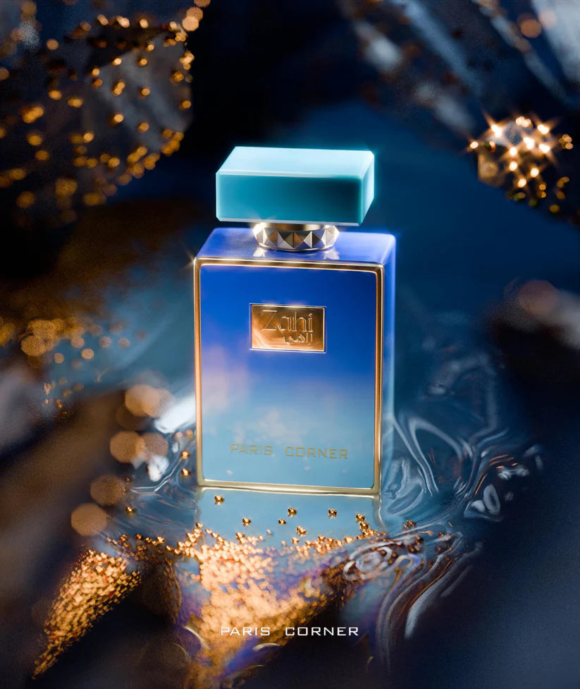 Paris Corner Zahi Blue perfume bottle with gold accents on a reflective surface with decorative lights.