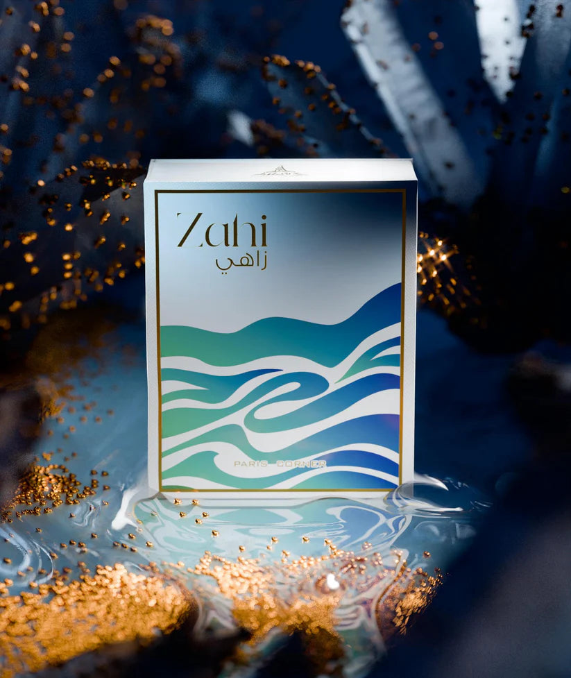Paris Corner Zahi perfume box with wavy design on a dark background