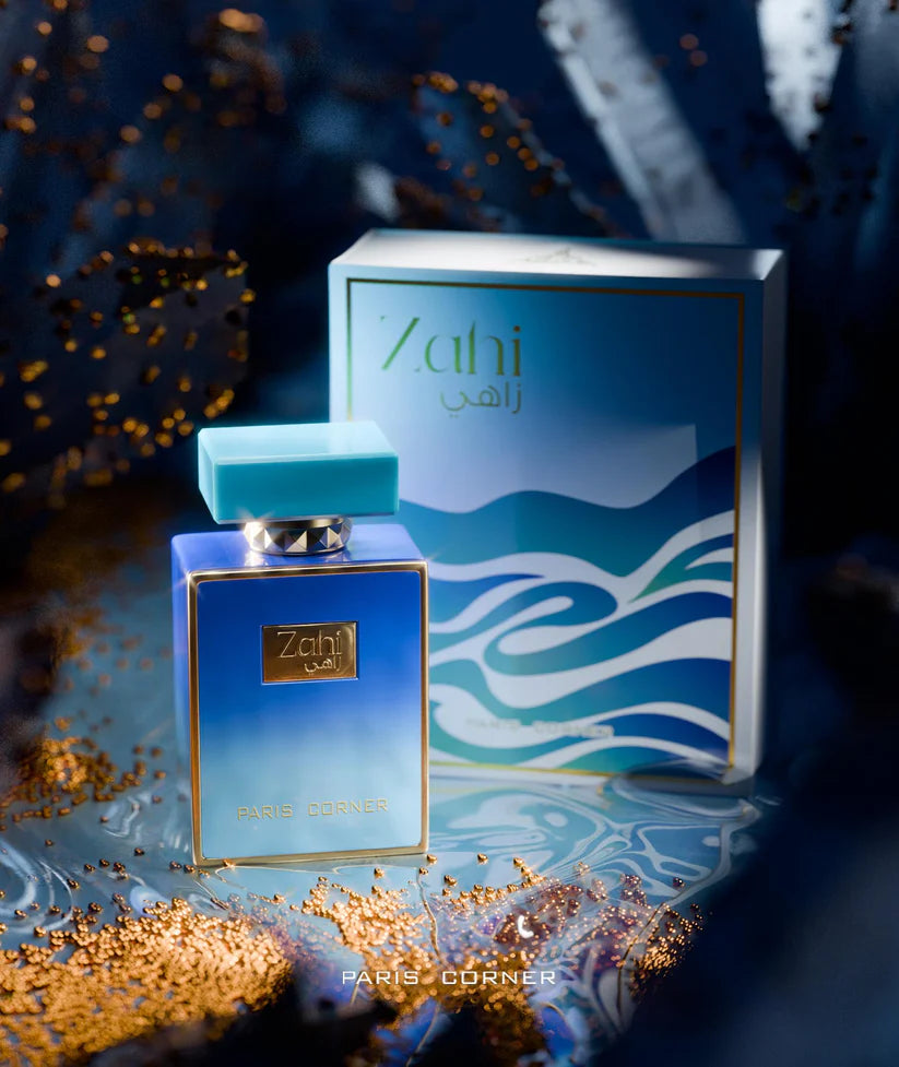 Paris Corner Zahi perfume bottle and packaging on a decorative background