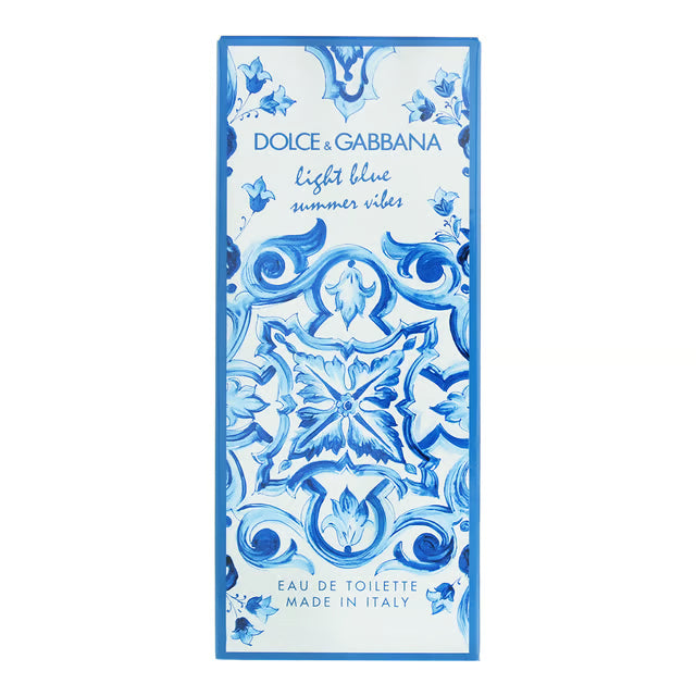 Dolce & Gabbana Light Blue Summer Vibes eau de toilette packaging with blue floral design on a white background