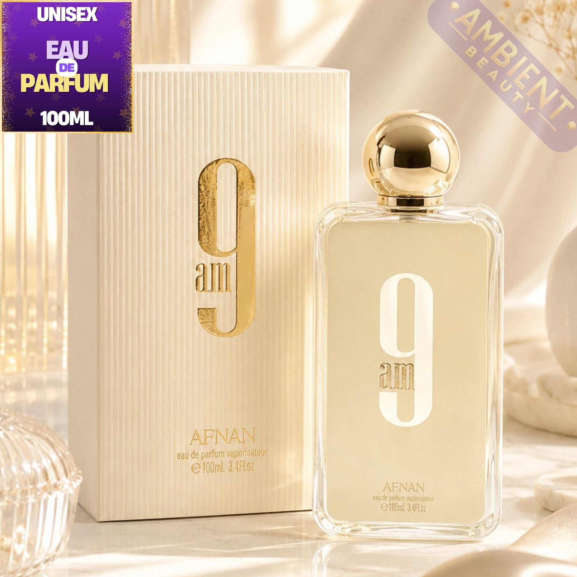 Afnan 9am perfume bottle and packaging on a soft background