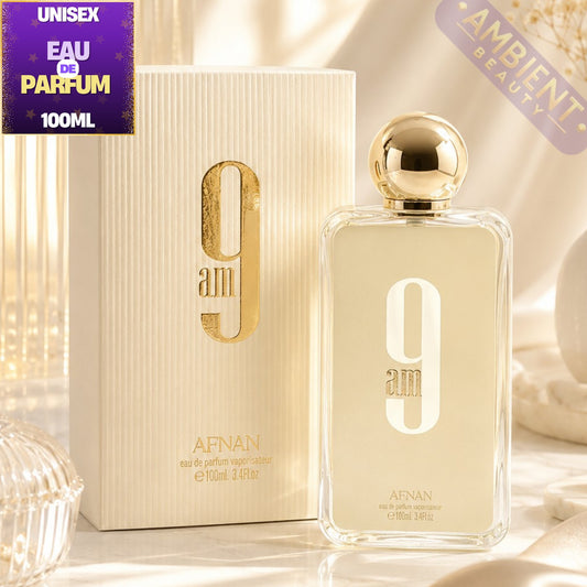 Afnan 9am perfume bottle and packaging on a soft background
