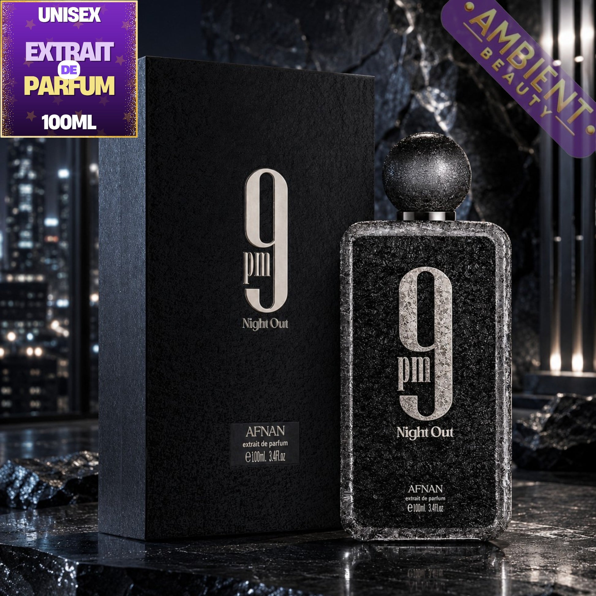 9pm night out fragrance bottle on a grey surface