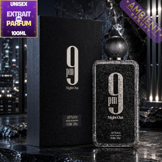 9pm night out fragrance bottle on a grey surface