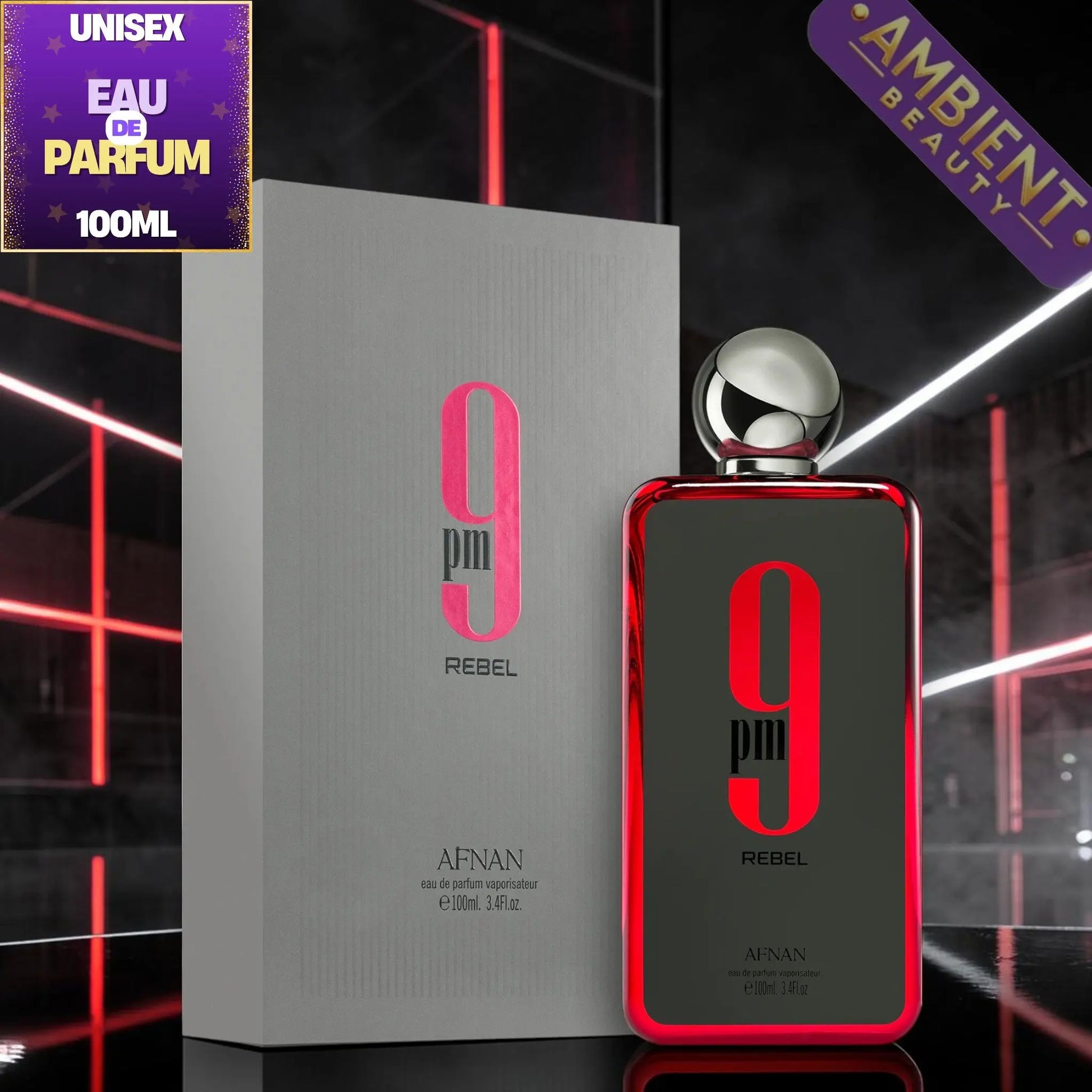 AFNAN 9PM Rebel perfume bottle and packaging on a reflective surface with neon lights in the background.