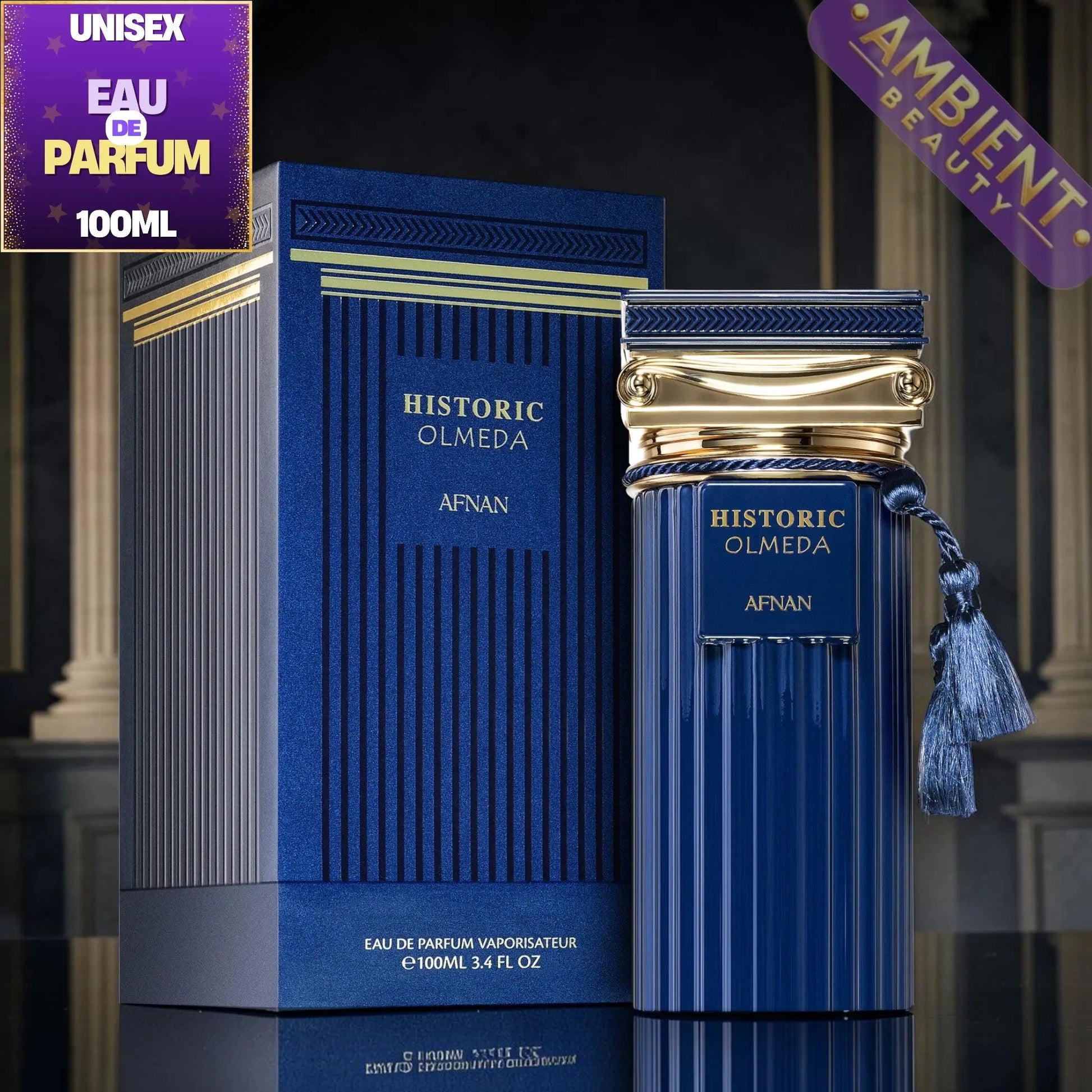 Blue perfume bottle and packaging with 'Historic Olmeda' branding on a dark background.