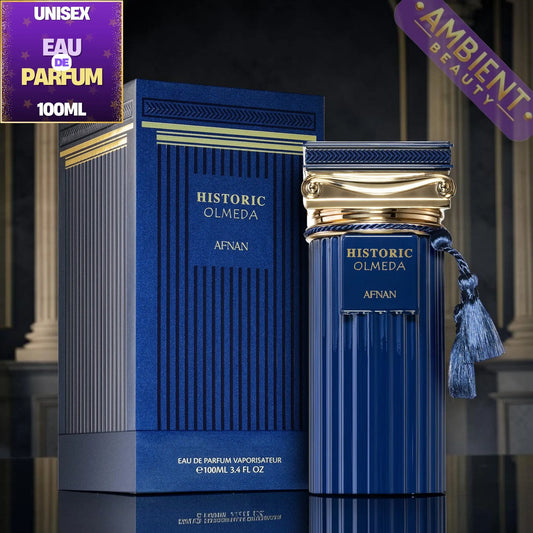 Blue perfume bottle and packaging with 'Historic Olmeda' branding on a dark background.