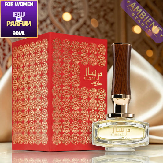 Mirasal perfume bottle with red packaging on a reflective surface