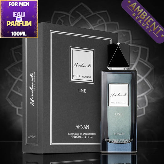 Afnan Modest pour homme perfume bottle and packaging on a dark background
