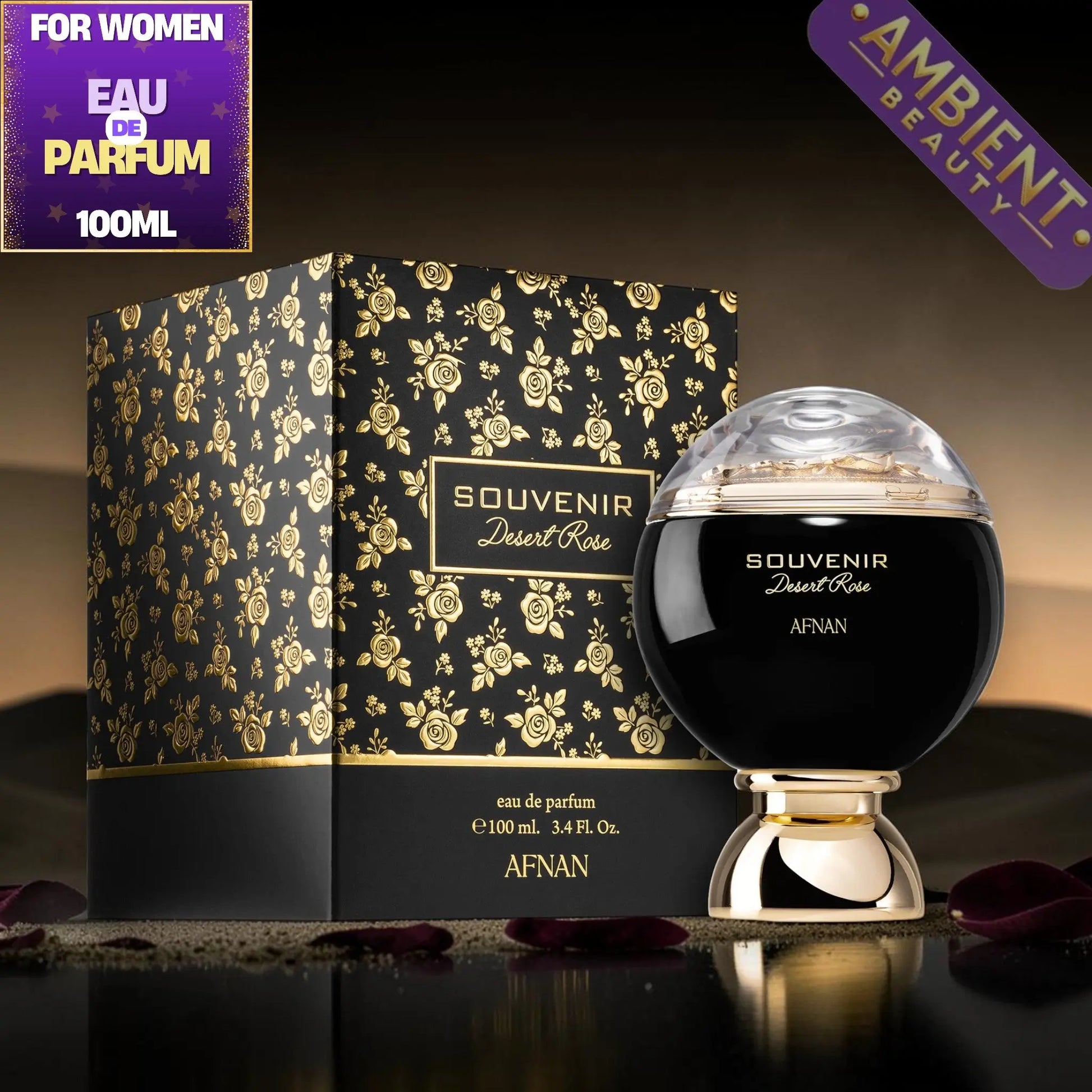 SOUVENIR Desert Rose eau de parfum bottle and packaging on a dark background with 'Ambient Beauty' branding.