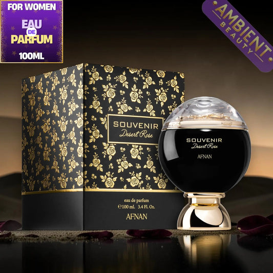 SOUVENIR Desert Rose eau de parfum bottle and packaging on a dark background with 'Ambient Beauty' branding.