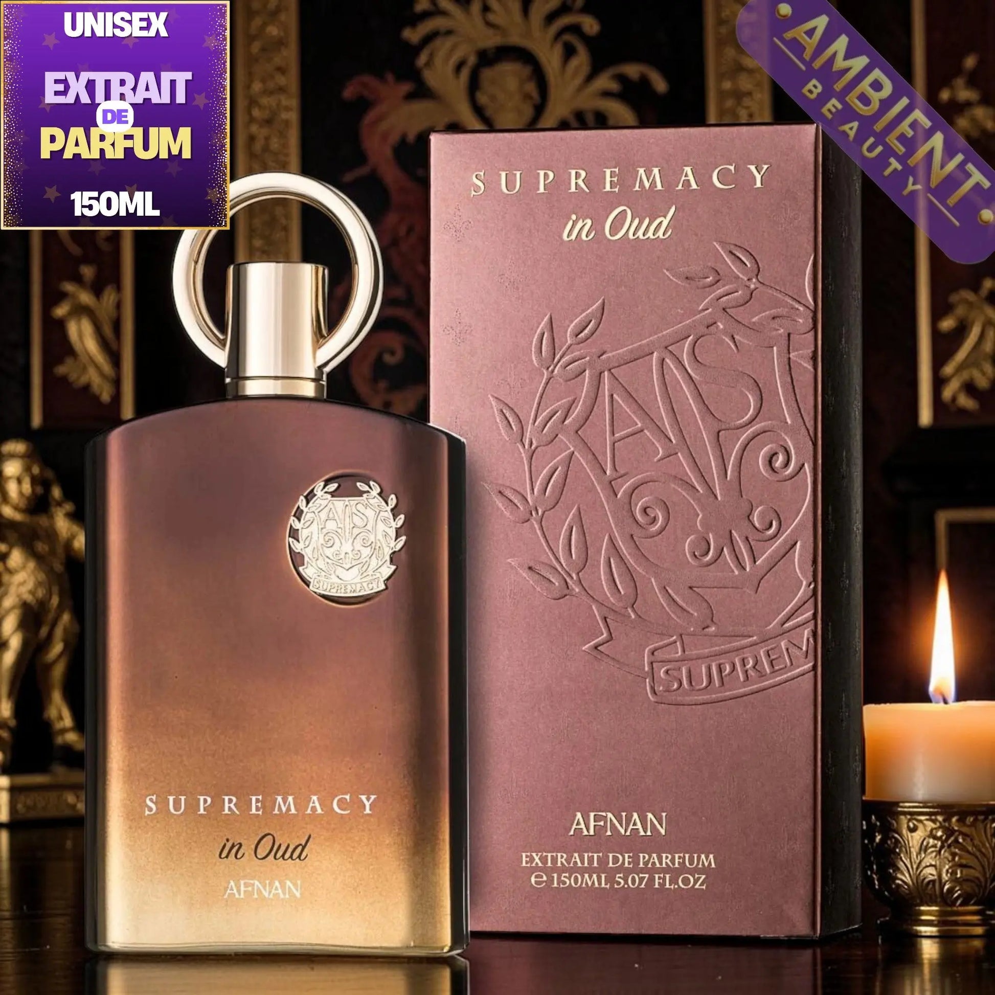 Supremacy in Oud perfume bottle and packaging with 'Ambient Beauty' branding.