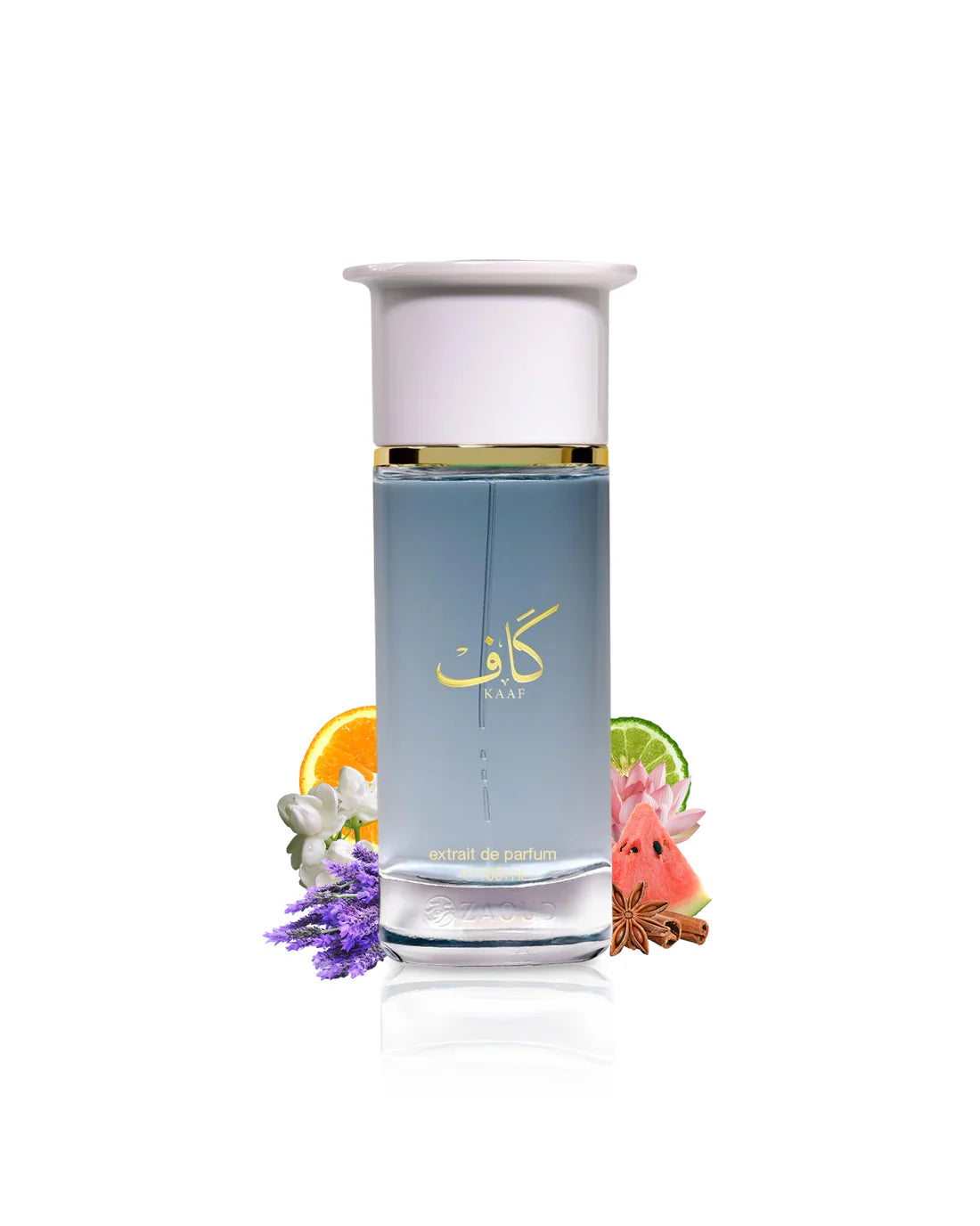 Ahmed Al Maghribi Kaaf Perfume bottle with floral and fruit elements on a white background