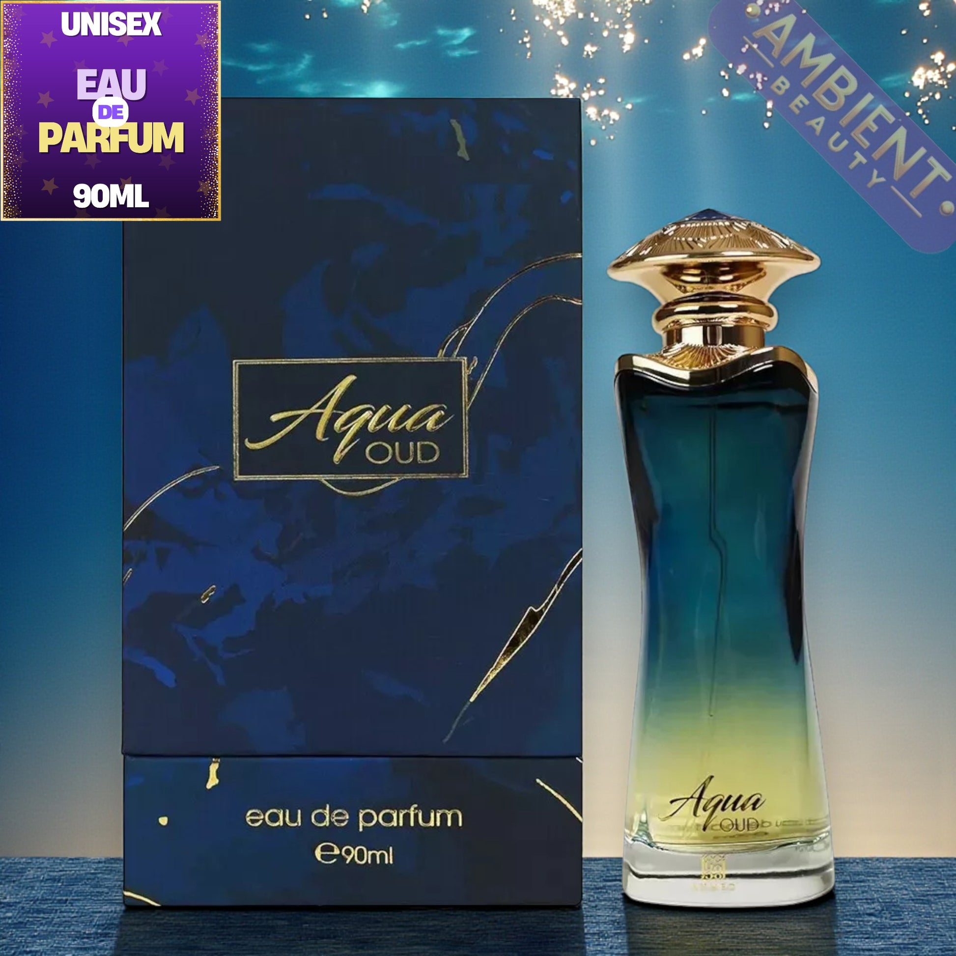 Aqua Oud eau de parfum bottle and packaging on a blue background