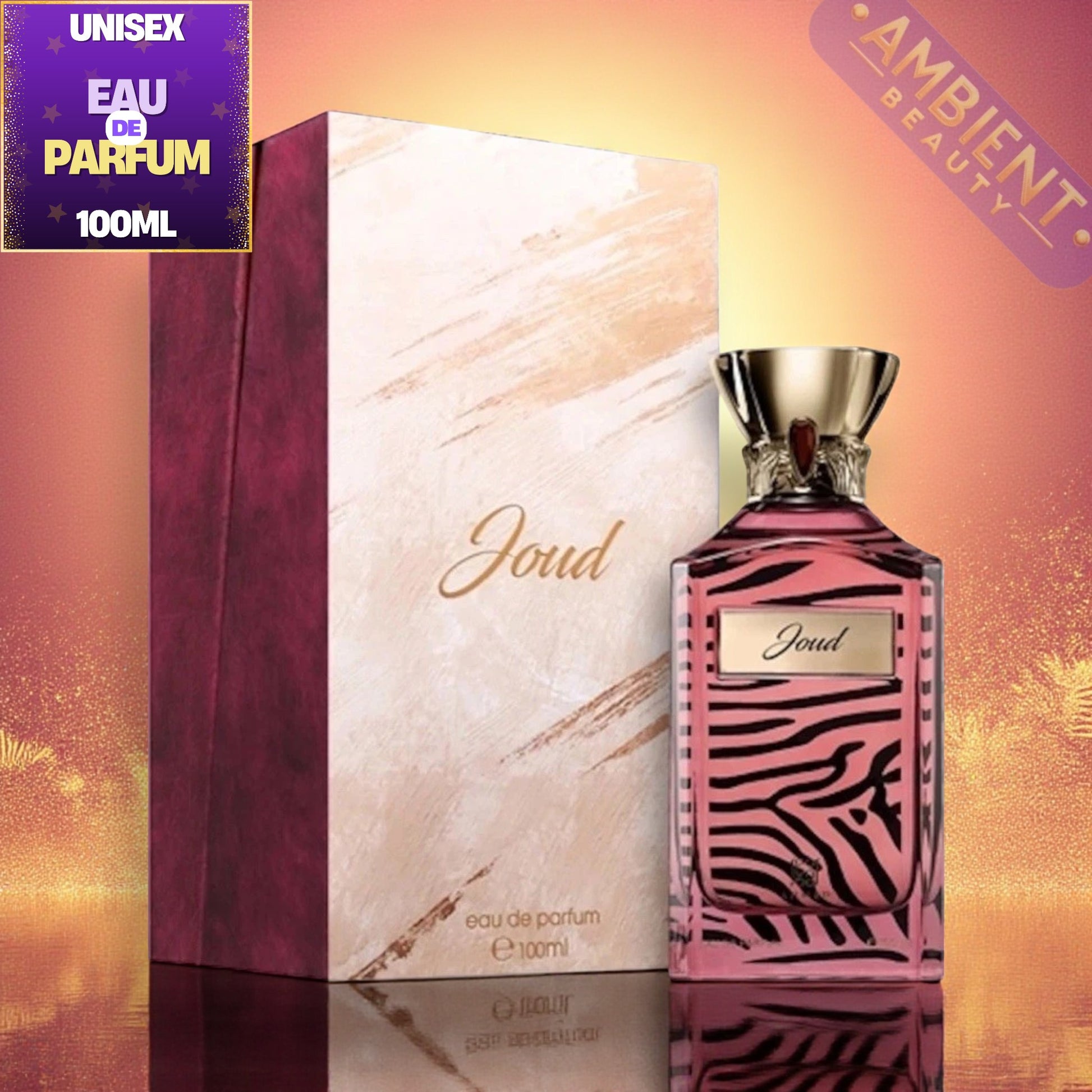 Ahmed Al Maghribi Joud perfume bottle with packaging on a gradient background