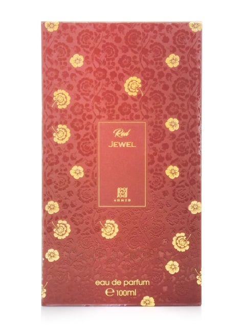 Ahmed Al Maghribi Red Jewel Red and gold floral patterned perfume packaging with 'Real Jewel' branding.