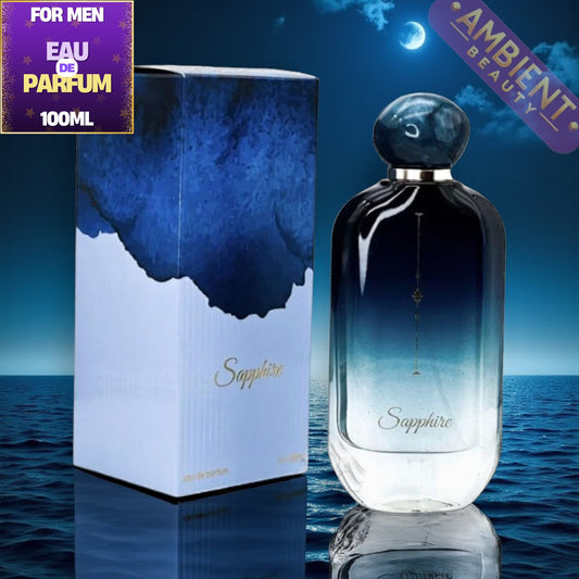Ahmed Al Maghribi Sapphire perfume bottle and packaging with ocean and moon background