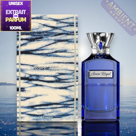Ahmed Al Maghribi Azure Royal Blue perfume bottle with packaging on a blue and white patterned background