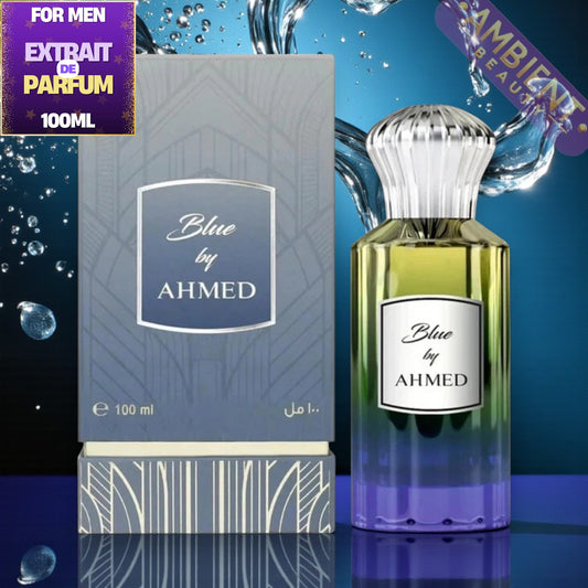 Ahmed Al Maghribi Blue by Ahmed Perfume bottle and packaging of 'Blue by Ahmed' on a blue background with water droplets.
