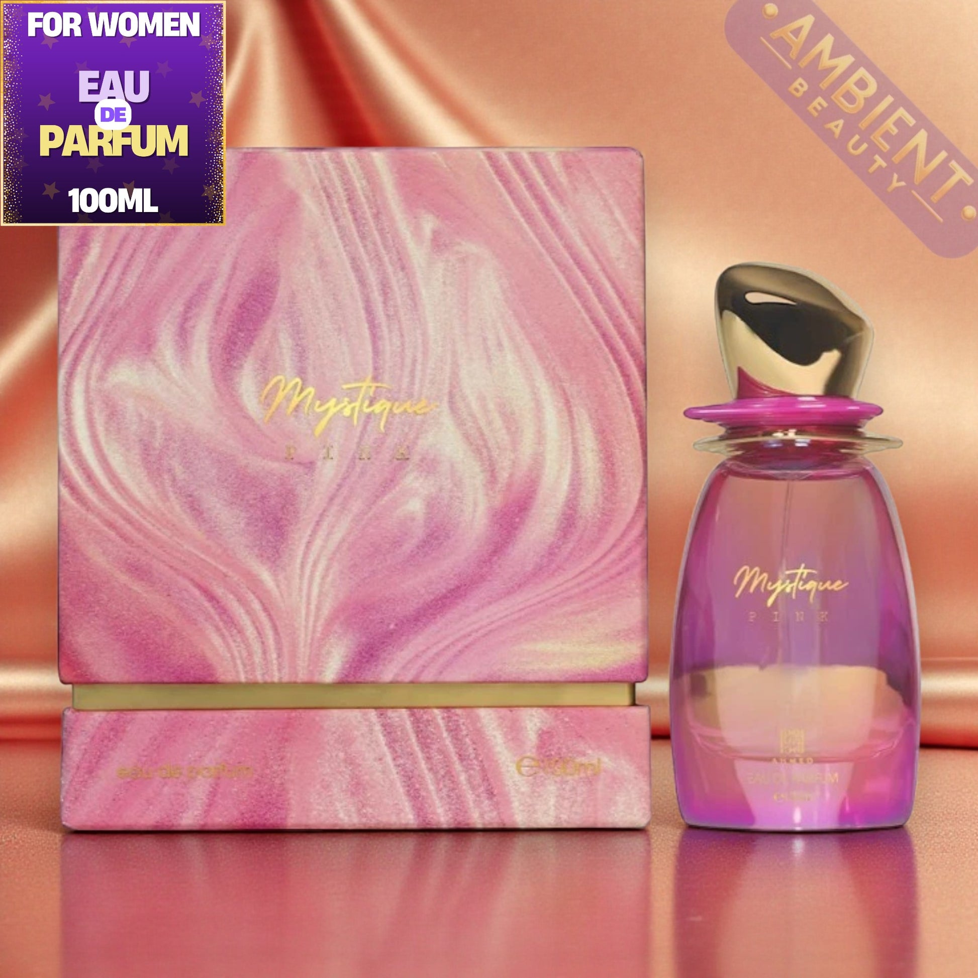 Ahmed Al Maghribi Mystique pink perfume set with pink marbled design on a reflective surface