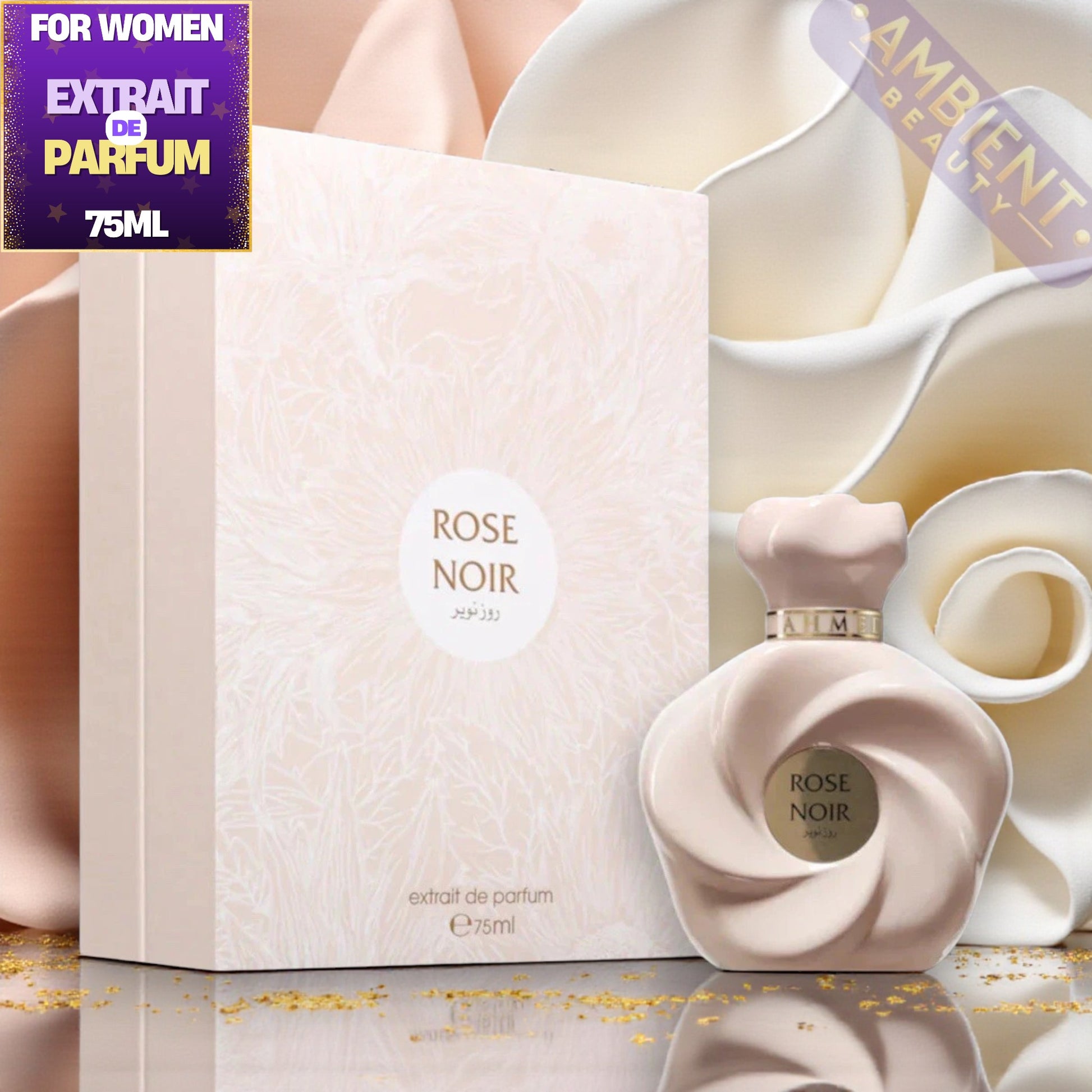 Ahmed Al Maghribi Rose Noir perfume bottle and packaging with white roses in the background