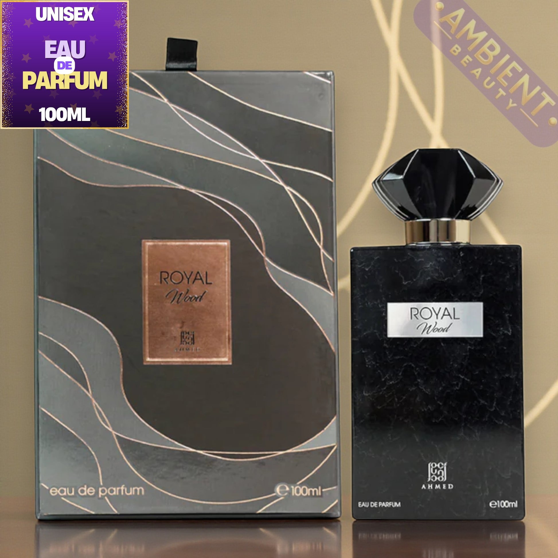 Ahmed Al Maghribi Royal Wood Black perfume bottle and packaging with 'Royal Wood' branding on a reflective surface.