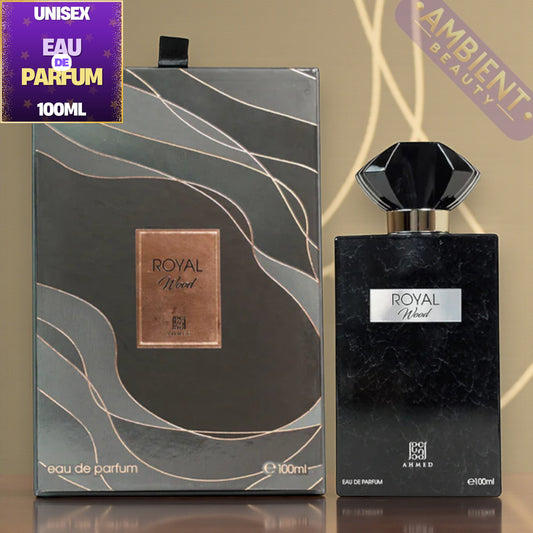 Ahmed Al Maghribi Royal Wood Black perfume bottle and packaging with 'Royal Wood' branding on a reflective surface.