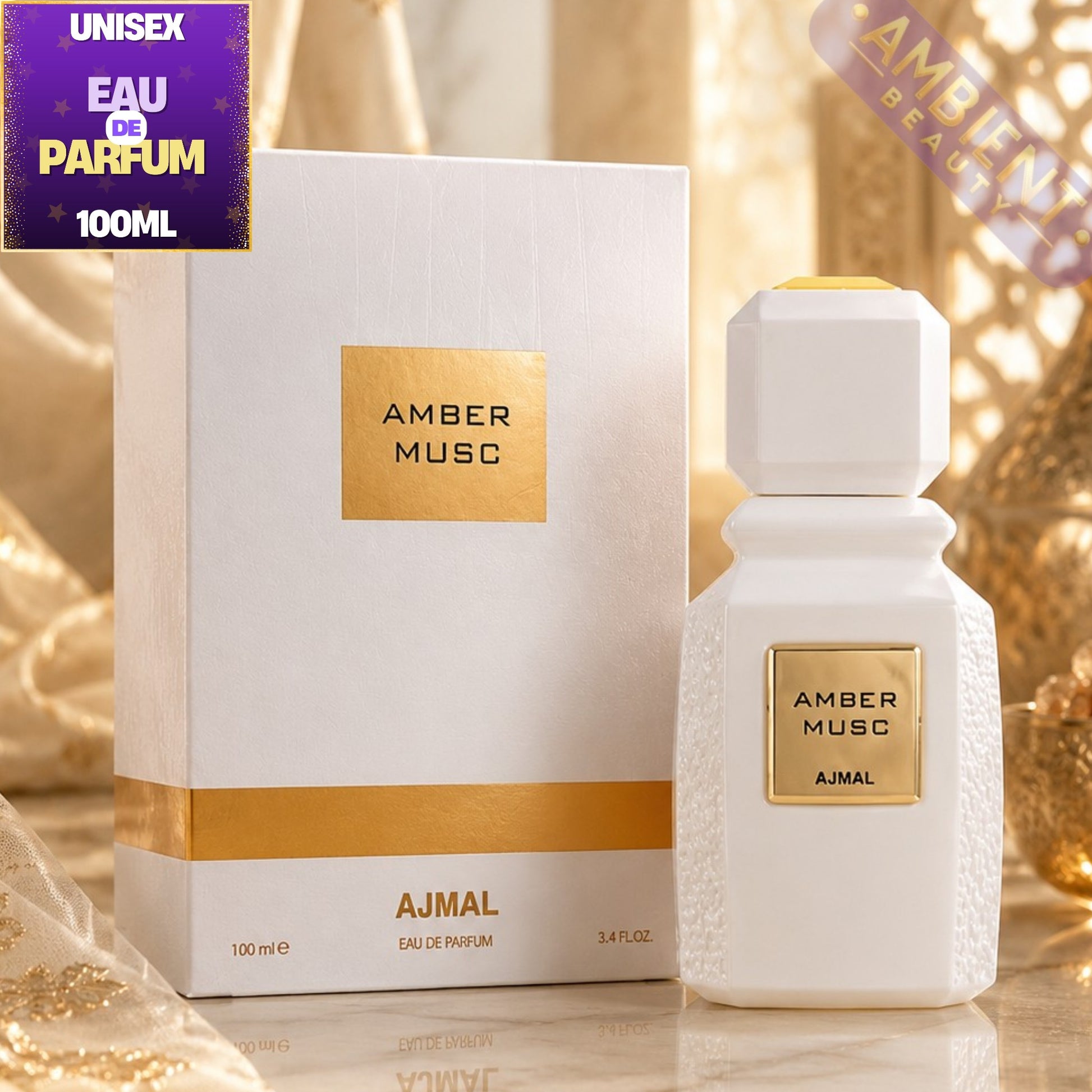 AJMAL Amber Musc perfume bottle and packaging on a reflective surface with decorative background