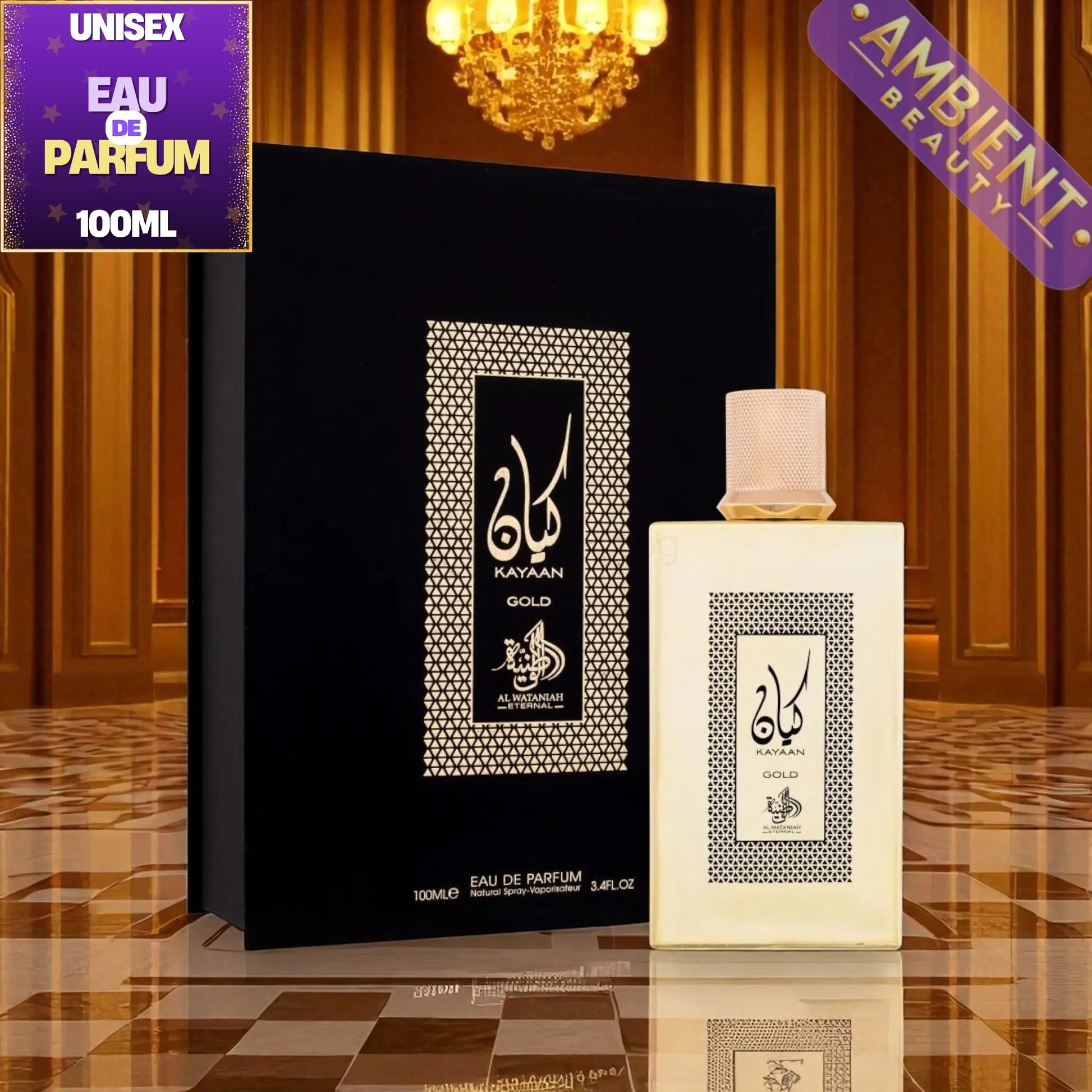 A bottle of Kayaan Gold Eau de Parfum next to its black presentation box, displayed on a polished checkered floor with a warm, luxurious interior background. The bottle is white with a gold and black label, and the box is black with a silver patterned label.