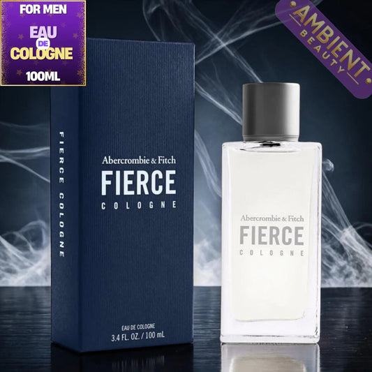 Abercrombie & Fitch Fierce cologne bottle and packaging on a dark background with smoke effects.