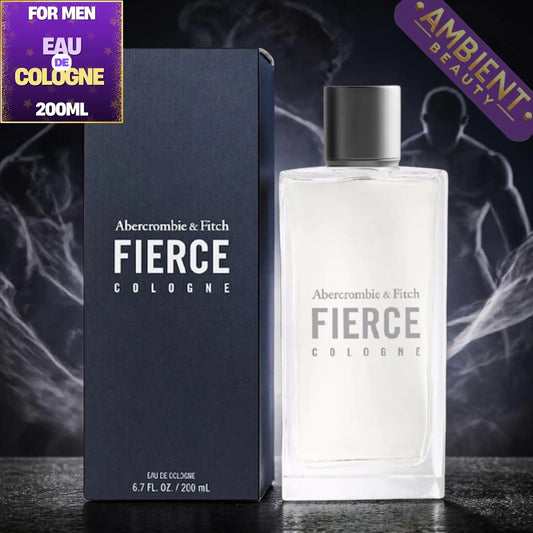 Abercrombie & Fitch Fierce cologne bottle and packaging on a dark background with smoke effects.