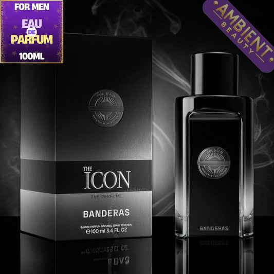 Banderas The Icon perfume bottle and packaging on a dark background with 'Ambient Beauty' branding.