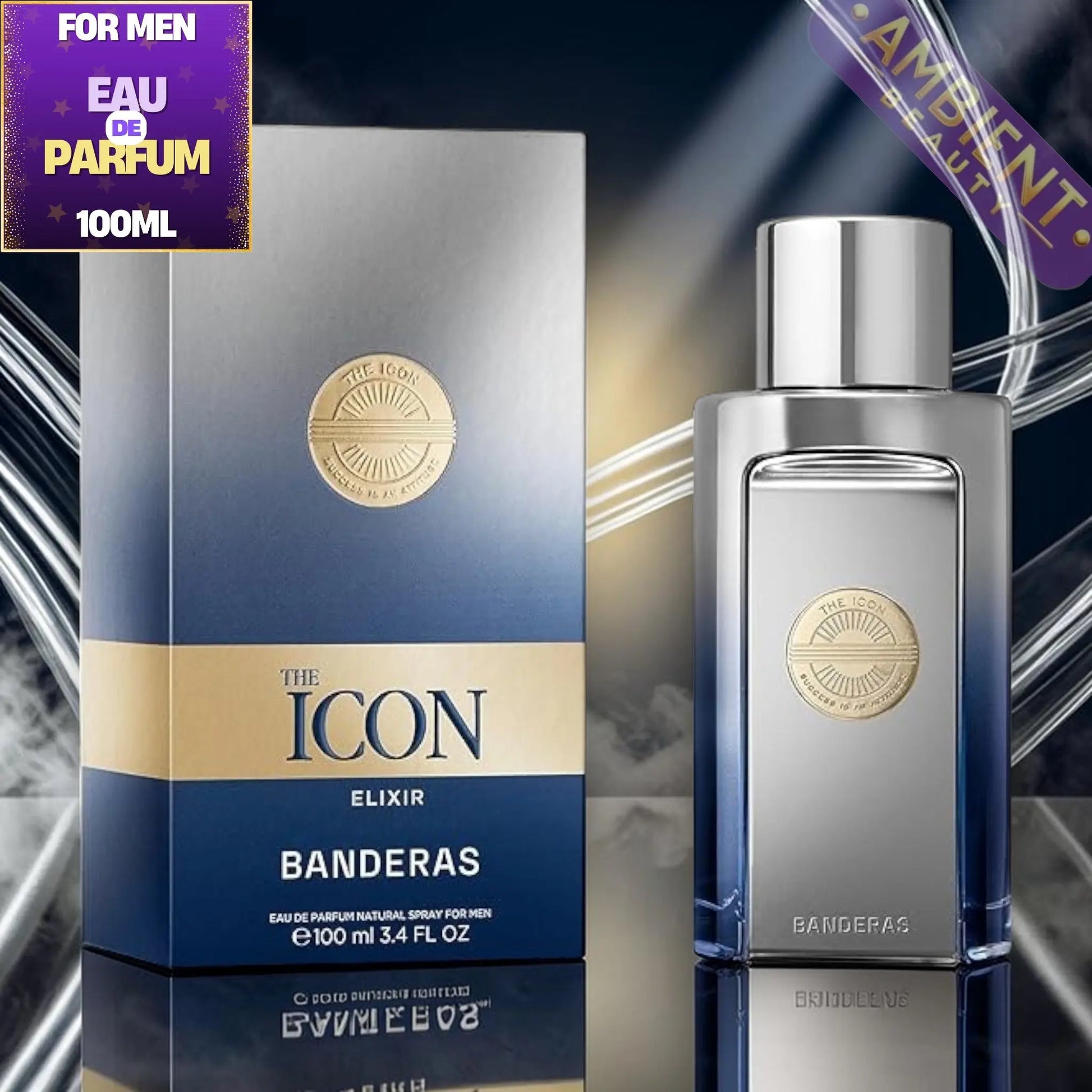 Banderas The Icon Elixir perfume bottle and packaging on a reflective surface.