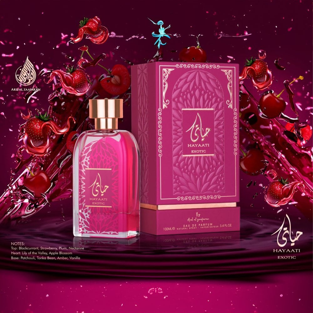 Hayaati Exotic perfume bottle and packaging with cherry and strawberry elements on a dark purple background