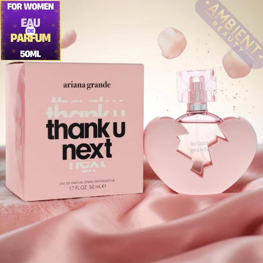Ariana Grande 'thank u next' perfume bottle and packaging on a pink background