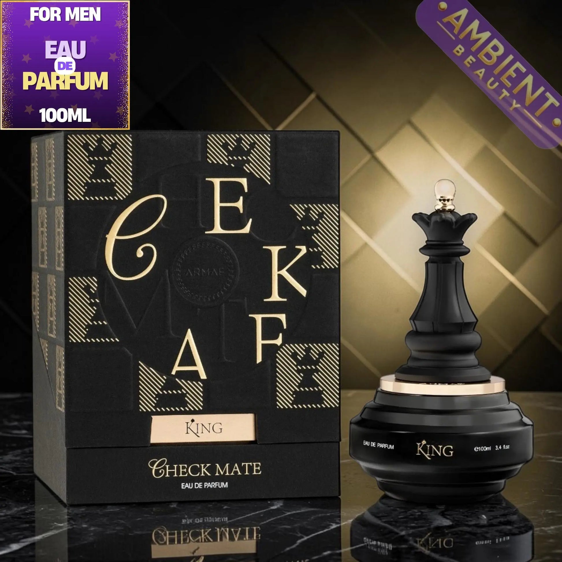 Checkmate Eau de Parfum packaging with a black and gold design on a reflective surface.