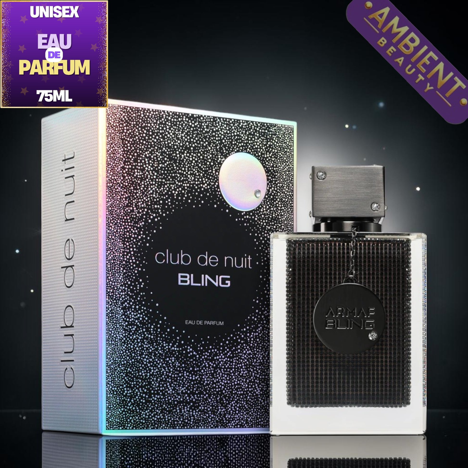 Perfume bottle and packaging of 'club de nuit BLING' by Armaf on a reflective surface with 'Ambient Beauty' branding.