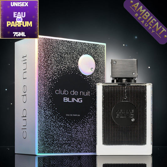 Perfume bottle and packaging of 'club de nuit BLING' by Armaf on a reflective surface with 'Ambient Beauty' branding.