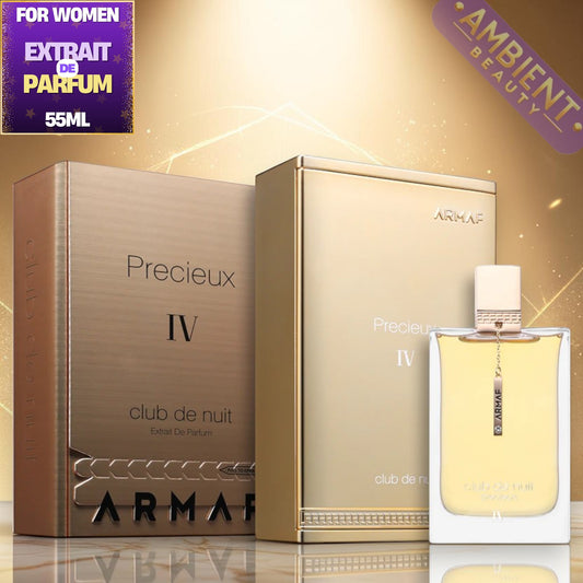 ARMAT Precieux IV perfume bottle and packaging on a reflective surface with a gold background